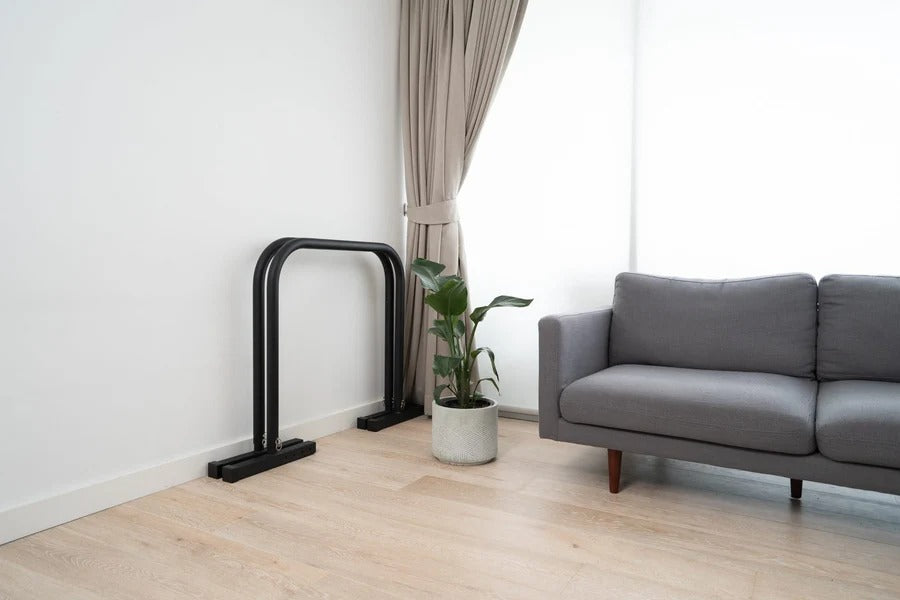 Compact BaseBlocks equipment beside a sofa